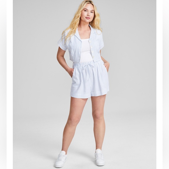 NWT And Now This Set Button-Front Linen Blend Shirt+High-Rise Pull On Shorts, S - Picture 1 of 5